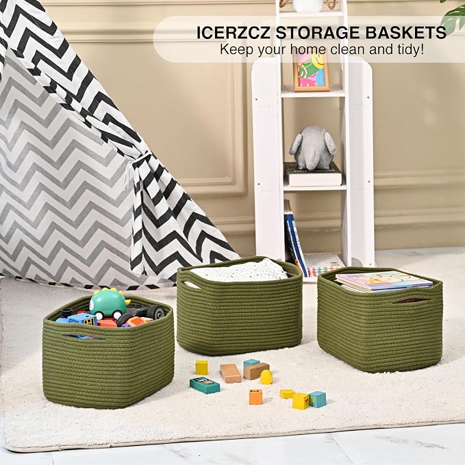 ICERZCZ Storage Basket for Shelves, Small Baskets for Organizing, Woven Cotton Rope Baskets for Storage, Book Basket, Decorative Shelf Basket, 12.5"Lx9.1''Wx7.9''H (4 Packs) Green