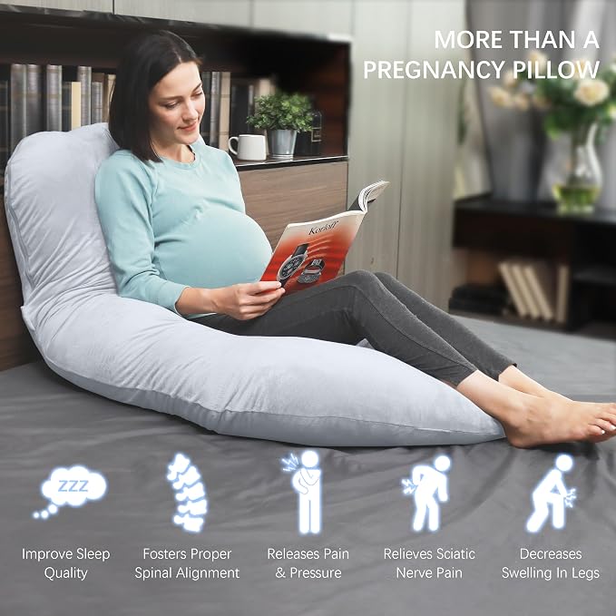 MOON PARK Pregnancy Pillows for Sleeping - U Shaped Full Body Maternity Pillow with Removable Cover - Support for Back, Legs, Belly, Hips - 57 Inch Pregnancy Pillow for Women - Light Grey