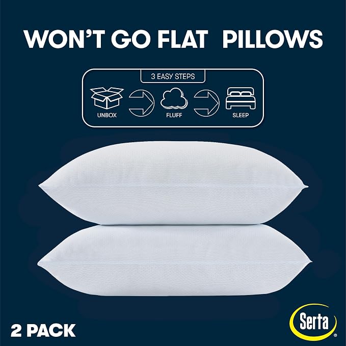 Serta Won't Go Flat Down Alternative Cooling Bed Pillows, Extra Life Foam Core with Medium Support, Perfect for Back, Stomach or Side Sleepers (2 Pack), Standard/Queen, White