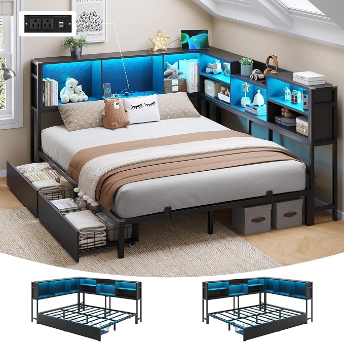 DICTAC Corner Queen Bed Frame with Storage Bookcase and 2 Drawers,Queen Size Platform Corner Bed Frame with LED Lights & Charging Station,Metal Daybed for Teens/Adult with Storage,Saving Space,Black