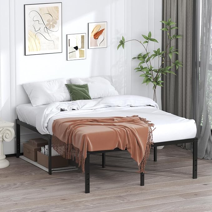 EMODA 20 Inch Queen Bed Frame No Box Spring Needed | Heavy Duty Metal Tall Platform Bed Frame Queen Size with Large Storage Space, Easy Assembly, Black