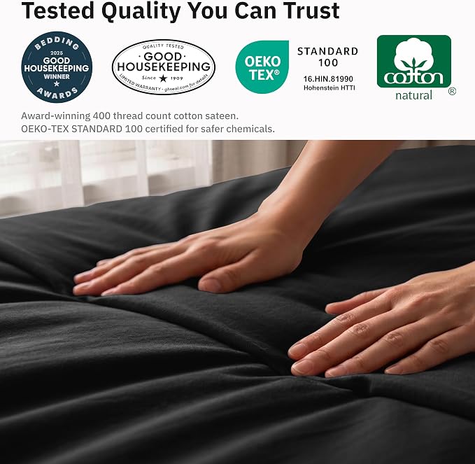 California Design Den Soft 100% Cotton Sateen Twin XL Duvet Covers, Black | Duvet Cover Only, Comforter Not Included, Backed by Good Housekeeping Seal, Button Closure & Corner Ties