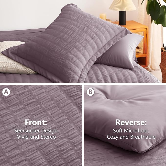 Oversized King Seersucker Comforter Set, Dusty Purple, 120 x 98 in | OEKO-TEX Certified, 7 Pieces Bed in a Bag with 240 GSM Down Alternative Comforter, Flat & Fitted Sheets, Pillowcases & Shams