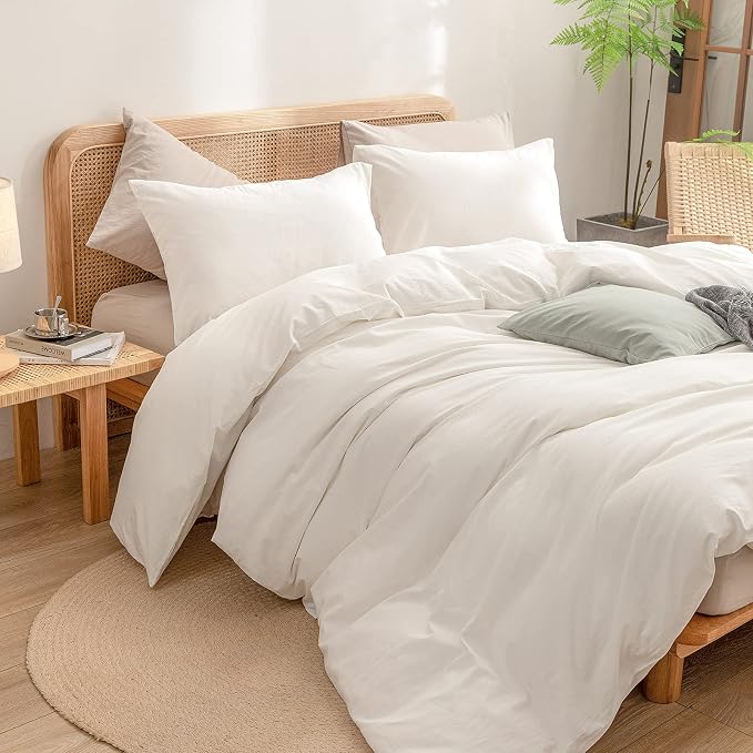 BESTOUCH Cotton Solid Duvet Cover Set Linen Feel Off White California King | 100% Washed Cotton, Soft Wrinkle Texture, Hidden Zipper, 8 Ties, Breathable Lightweight Durable Comfy, 3 Pcs No Insert