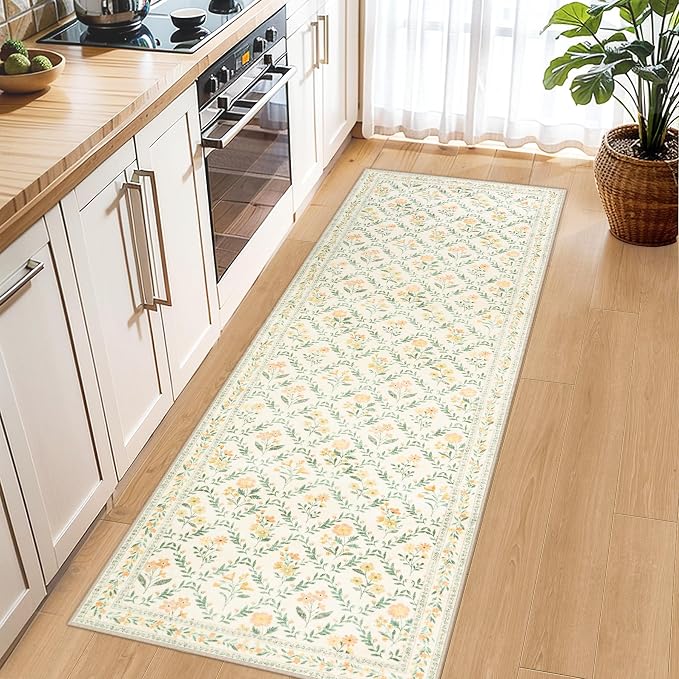 PLHXFR 2x6 Washable Runner Rug：Floral Indoor Kitchen Carpet Beige Multi | For Hallway Bedroom Kitchen Laundry Bathroom Dorm,Vintage Floral,Machine washable,Non Slip,Stain Resistant,Indoor Floor