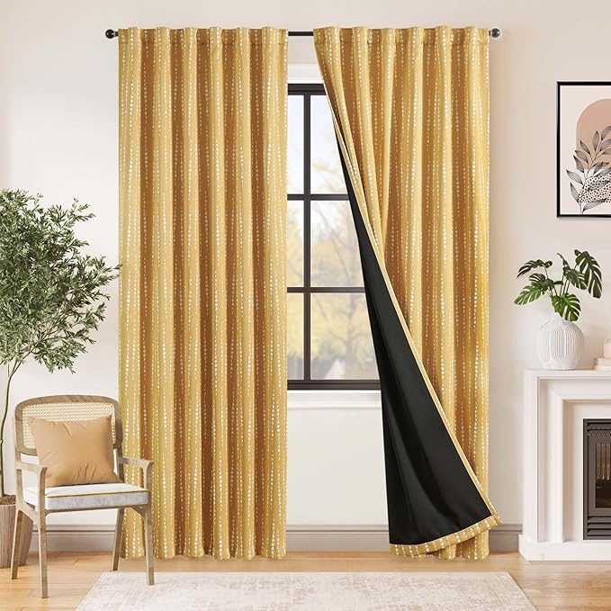 jinchan 95% Blackout Boho Curtains 84 Inches Long Mustard Moon Phases Printed Drapes Rod Pocket Thermal Insulated Curtains for Bedroom Nursery Yellow Window Drapes Curtain Set 2 Panels | Mustard Yellow Farmhouse Curtain for Bedroom Living Room Back Tab...