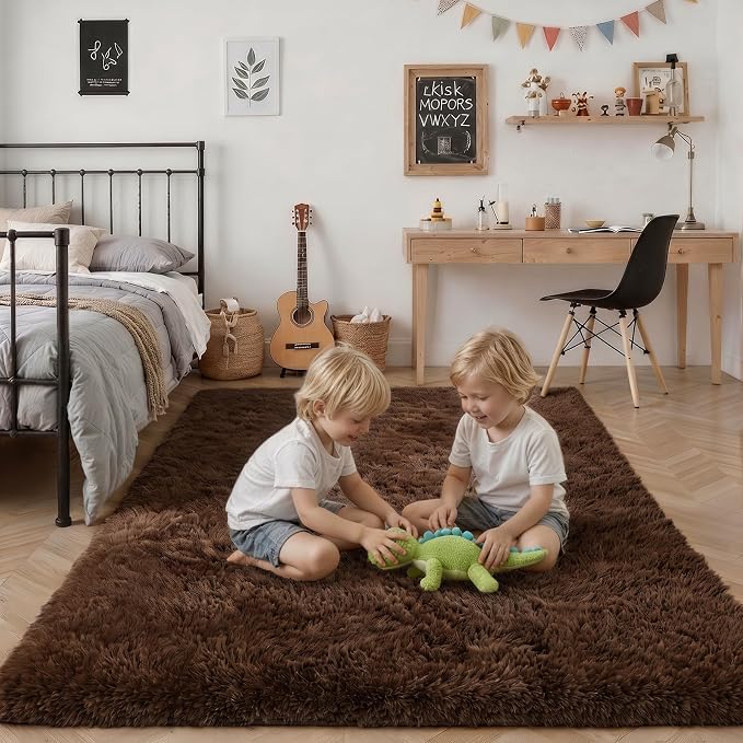 Area Rug Living Room Bedroom: 5x7 Fluffy Plush Shag Carpet Brown | For Kids Room Playroom Nursery Home Decor,Ultra Soft,Non-Slip Non-Shedding,Fuzzy Plush,Large Indoor Floor Carpet,Easy Clean