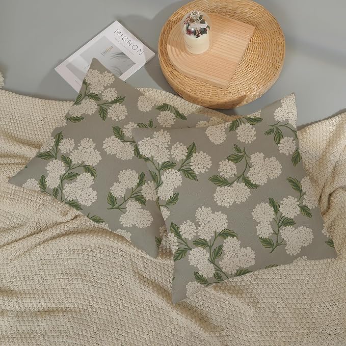 Grey Pillow Covers 22x22 Inch 2 Pcs Gray Green Hydrangea Flower Decor Throw Pillows Vintage Floral Seasonal Spring Summer Outdoor Decoration Pillowcase Linen Cushion Cover for Couch Sofa