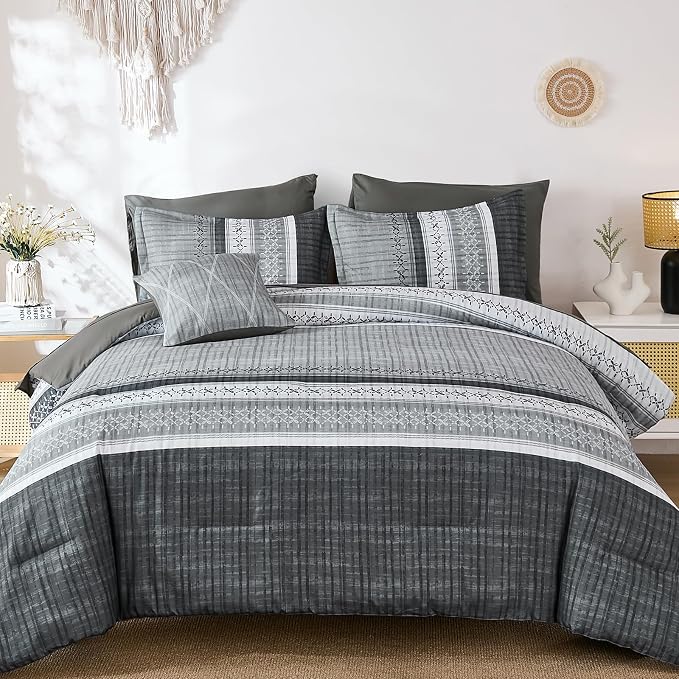 Dintszyayue Grey Queen Comforter Size Set, 8 Pieces Striped Texture Bed in a Bag Bedding Sets, Lightweight Soft Comforter and Sheet Set, All Season Microfiber Teen Boys Bedding Sets for Men Women