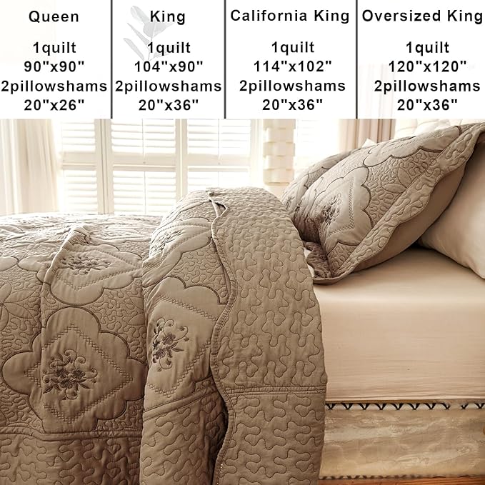 Cmfshape Floral Embroidery Quilt Set,3 Pieces Queen Quilt Bedding Set,Classic Diamond Pattern Quilts,Ultra Soft Lightweight Reversible Bedspread Coverlets for All Season(Taupe,90"x90")