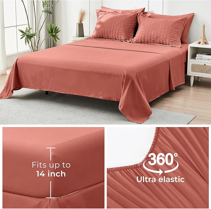 HYMOKEGE Coral Oversized Queen Comforter Set Seersucker 7 Pieces, All Season Luxury Bed in a Bag for Bedroom, Bedding Set with Comforter, Sheets, Pillowcases & Shams