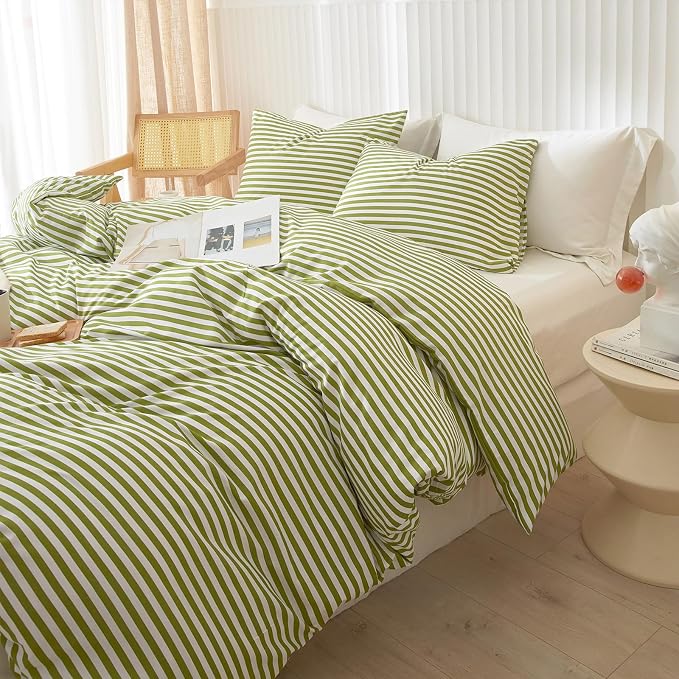 LifeTB Striped Comforter Set Full Size 3 Piece Soft Fluffy Green White Stripes Pattern Printed Bedding Set Lightweight Breathable Comforter Set Farmhouse Striped Bedding Comforter with 2 Pillowcases