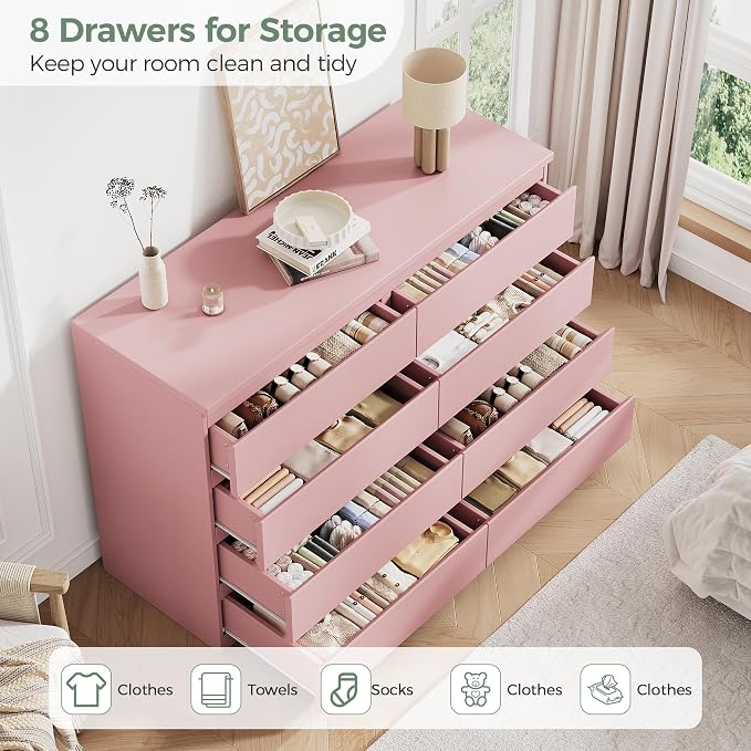 MapleGrace Modern 8 Drawer Dresser, Simply Chest of Drawers for Bedroom, Wooden Storage Dresser with Deep Drawers for Living Room/Hallway/Entryway (Pink)