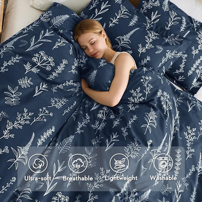 MUXHOMO Duvet Cover Queen Size, Reversible Floral Navy Duvet Cover Set with Zipper Closure, 3 Pieces Botanical Patterns Soft Microfiber Bedding Set with 4 Ties (90"x90", 2 Pillow Cases)