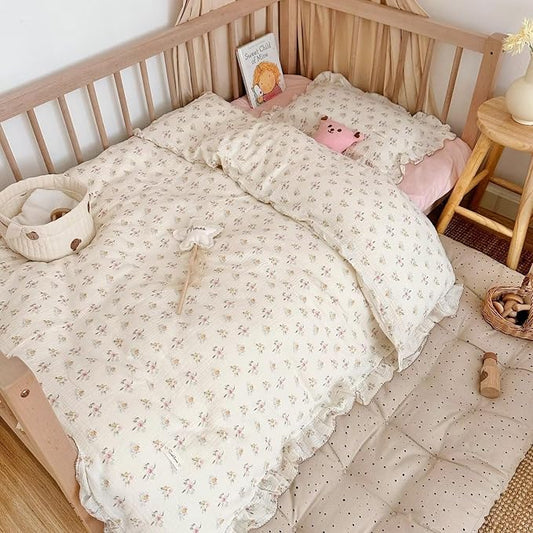 Muslin Cotton Toddler Duvet Cover Soft Double Layers Gauze Bedding Duvet Covers for Toddler Girls Kids Quilt Cover, 47"x59", Azalea Print (No Pillow Cases)