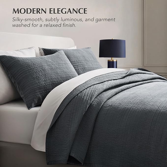EVERGRACEHOME Cotton Sateen Channel Quilt Set, King Size, Midnight Blue | 100% Cotton, Pre-Washed Soft Coverlet Bedspread, 3-Piece Refined Channel Stitch Bedding Set for All Season, 2 Pillow Shams