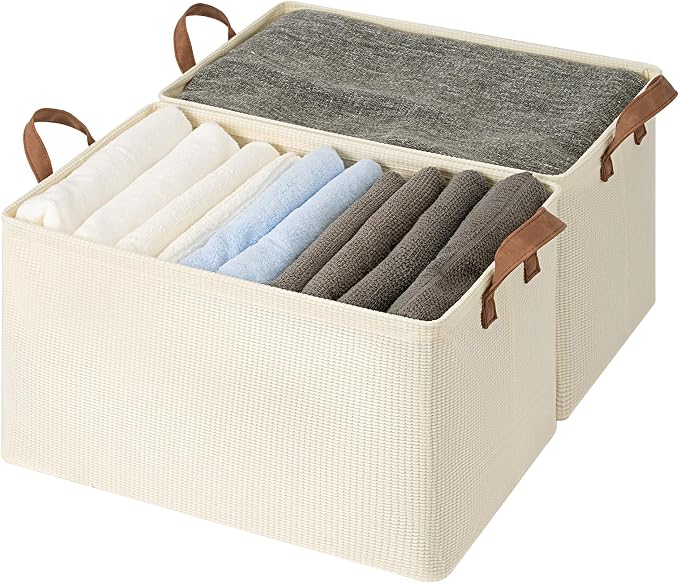 StorageWorks 45L Closet Storage Bins, Storage Baskets, Beige, 2-Pack | Extra Large, With Reinforced PU Handles, Metal Frame, Collapsible, for Shelves, Closet, Holds Clothes, Towels, Blankets