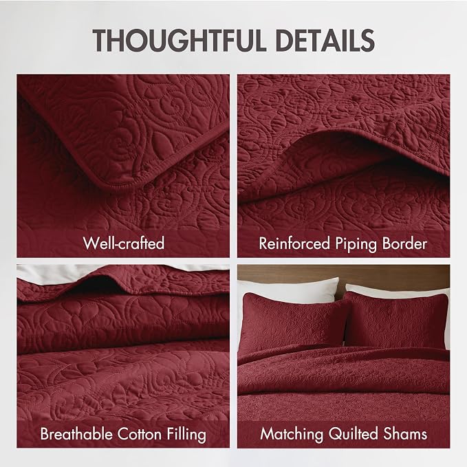 Madison Park Queen Quilt Bedding Set, Cottage-Inspired Damask, 3PC | All Season Quilted Coverlet, Classic Stitch Pattern Bedspread & Shams, Ultra Soft Microfiber Bedspread Set, Red