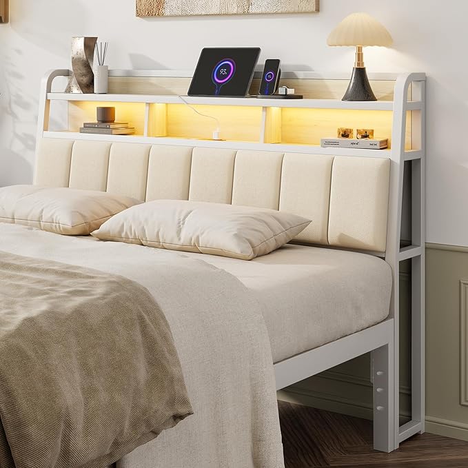 Queen Headboard Only with Storage, Charging Station, Off White | Upholstered Headboards for Queen Size Bed with LED Light, Height Adjustable, Sturdy and Stable Headboard