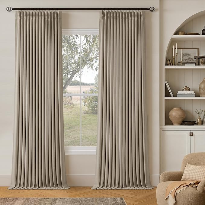 TWODRAPES Greige Flax Linen Pinch Pleated Blackout Curtains 86 Inches Long | 100% Black Out, Pinch Pleat Drapes with Liner, Back Tab, Farmhouse Neutral 86 Inch Curtain, for Living Dining Room Bedroom