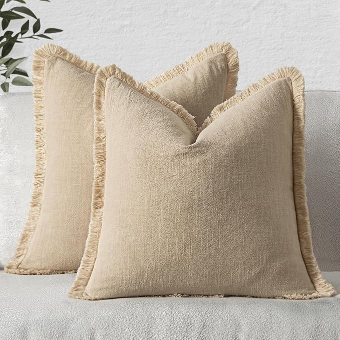 MIULEE Boho Linen Fringe Decorative Throw Pillow Covers Beige 16x16 | Set of 2, Cottagecore Decor, Boho Farmhouse Neutral Pillow Covers, Rustic Couch Cushion Cases for Sofa Bed Living Room