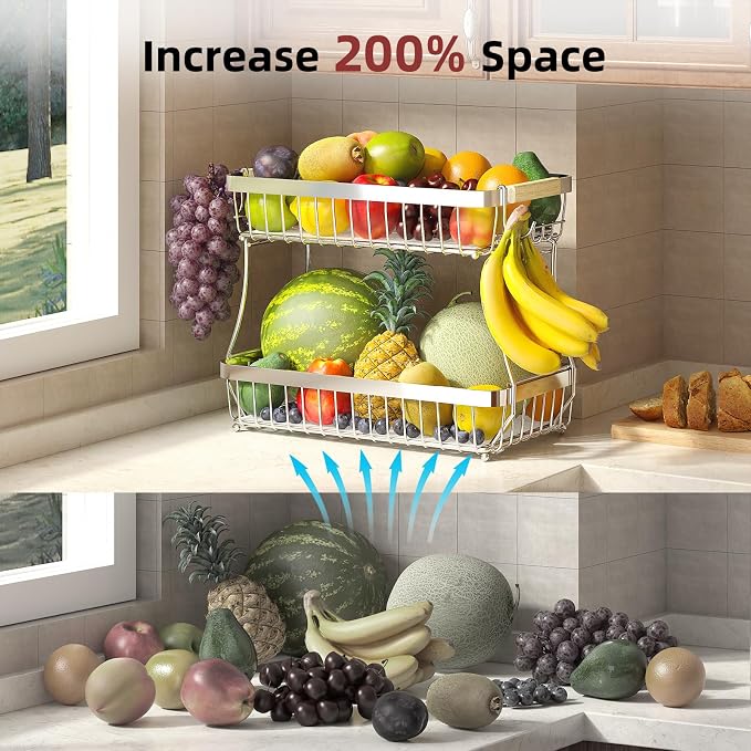 Sevenblue 2-Tier Fruit Basket with Banana Hangers, Detachable Metal Bowl | Wooden handle, protective mats included. Versatile holder for bread, snacks, and veggies. Extra Large 2 tier metal design.