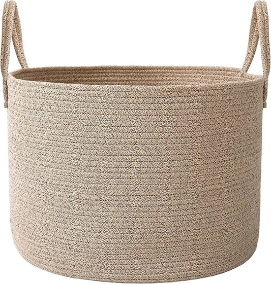 JMvicyroam 65L Extra Large Machine Washable Cotton Rope Blanket Basket | Collapsible Laundry Hamper, Reinforced Handles, For Blankets, Pillows, Toys and Clothes, Living Room and Bedroom, Oatmeal