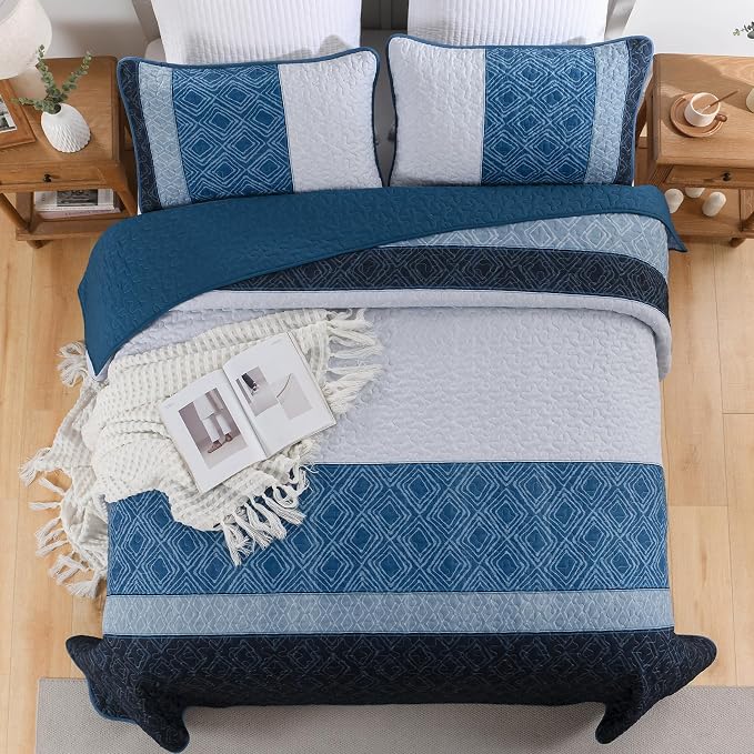 Cottolester Navy Blue Quilt Set Queen,Striped Plaid Bedspread Coverlet Set | Ultra Soft Lightweight Coverlets Set with 2 Pillowshams for Men Women,Microfiber Quilt Bedding Sets for All Seasons 110"x90"