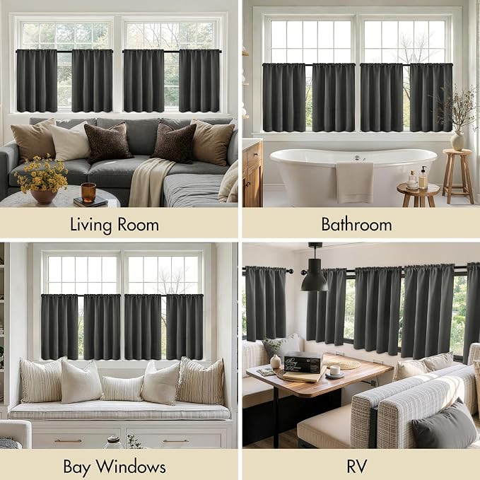 MIULEE 4 Panel Set Short Bedroom Blackout Curtains 54 Inch Long Dark Grey | Thermal Curtains for Summer Heat, Light Blocking Privacy Window Drapes, Top&Bottom Rod Pocket