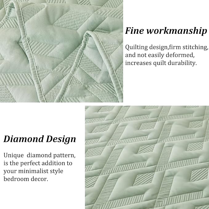 Cmfshape Diamond Embroidery Quilt Set,3 Pieces King Quilt Bedding Set,Lightweight Soft Quilt Set for All Seasons,Soft Bedspread Reversible Coverlet(Green,106"x96")