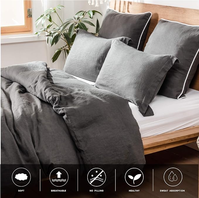Simple&Opulence 100% Linen Duvet Cover Set 3pcs Basic Style Natural French Washed Flax Solid Color Soft Breathable Farmhouse Bedding with Button Closure - Dark Grey, King