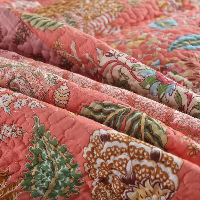 Cotton Patchwork Bedspread, 3-Piece Bedding Quilt Set with Real Stitched Embroidery, Reversible Matelasse Bed Coverlet Set,Bohemian Floral, King Size