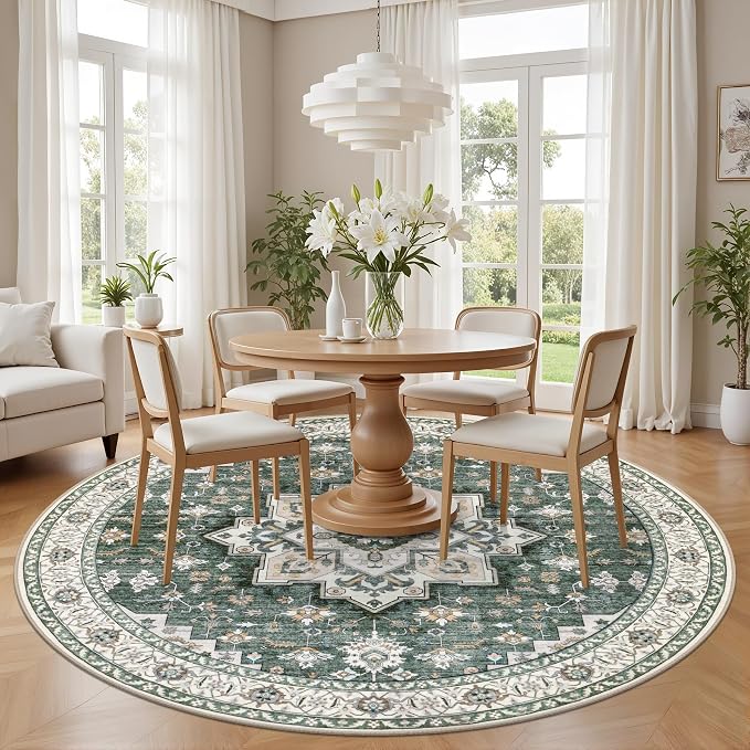 Round Area Rug for Living Room: 4ft Boho Washable Rug Green Ivory | Vintage Boho Soft Round Rug Indoor Floor No Slip Carpet Stain Resistant Rugs for Bedroom Dining Room Nursery Home Office