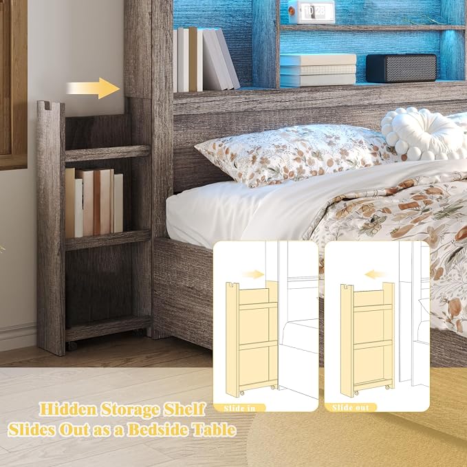 LUXOAK Full Bed Frame with Storage, Bookcase Headboard,Grey | 49.6" Headboard, Wood Platform Bed, Charging Station, Bedside Storage, 4 Storage Drawers, No Box Spring Needed, Farmhouse