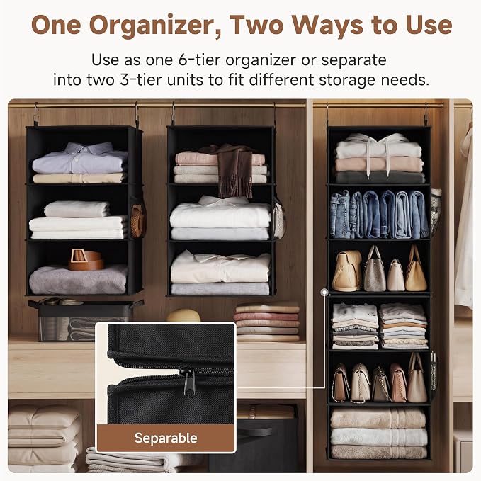StorageWorks Hanging Closet Organizer, 6-Shelf with 2-in-1 Design, Ivory | Maximize Closet Space with Reinforced Shelves, Small Closet Storage Solution for Bedrooms, Dorms and RVs, Jumbo