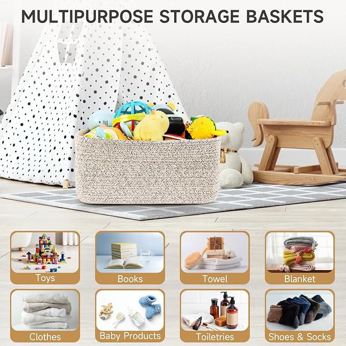 3 Pack Small Storage Baskets for Organizing, 11.8×7.8×5.1", Mixed Brown | Woven Baskets for shelves, Cotton Rope Basket for Gifts Empty, Closet Organizer Bins with Handles, Cube Decorative Box
