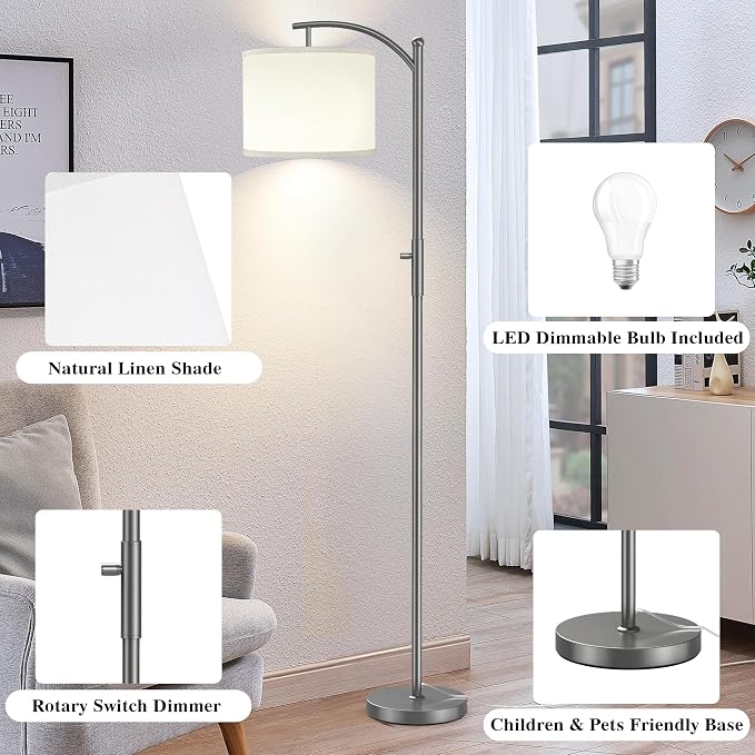 ROTTOGOON Dimmable Floor Lamp, Arc Floor Lamps for Living Room, Stepless Dimming Modern Standing Lamp with Linen Shade, Tall Lamp for Bedroom Office Dining Room- Grey