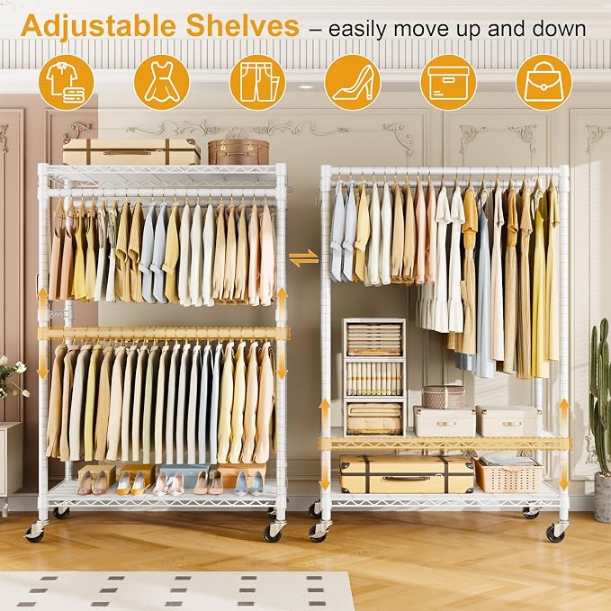 Rolling Clothes Rack, Clothing Racks for Hanging Clothes, White | P4 Plus Heavy Duty Garment Rack with Wheels, Free Standing Portable Closet Racks 45''W × 20.5''D × 80.5''H, Max Load 570 Lbs