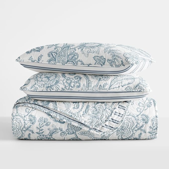 Merit Linens Soft Quilt Coverlet Bedding Set - Reversible Patterns - Full/Queen Dusk Blue