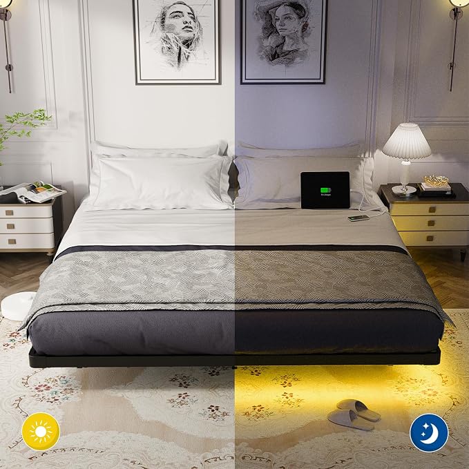 OLEVS King Size Floating Bed Frame Metal with LED Light & Charging Station | King Metal Platform Bed Frame Floating with Smart LED, Charging Station, No Box Spring Needed, Noise-Free, Easy Assembly