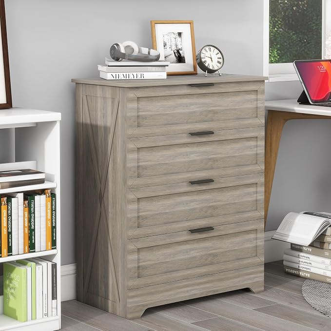 Farmhouse 4 Drawer Dresser for Bedroom, Tall Bedroom Dresser, Rustic Gray | Changing Table Dresser with Large Drawer, Wooden Storage Organizer Cabinet Chest of Drawer for Closet, Living Room, Hallway