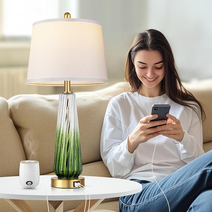 Modern Glass Table Lamps Set of 2, 27.5" Bedside Lamp for Bedroom, Green | 2 LED 3-Way Dimmable Bulb Included, Touch Control, USB A+C Charging Ports, Living Room Nightstand Lamp, Gradient Glass, 2700K