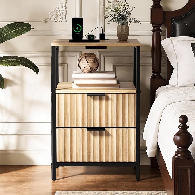VINGLI Night Stand with Charging Station and Fabric Drawers, Fluted Nightstand Oak with 2 Drawers, Bed Side Table/End Table for Bedroom, 14.96" W*11.81" D*23.78" H
