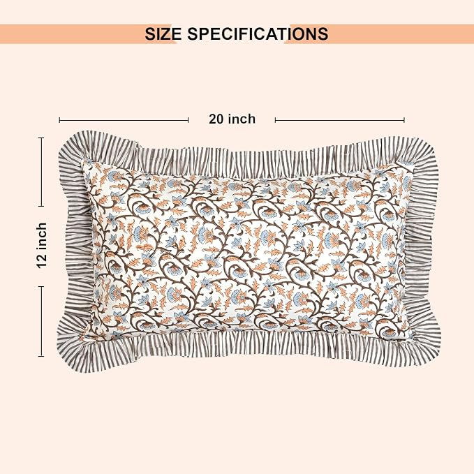 Ridhi Block Print Brown Meadow Vine Ruffle Lumbar Pillow Shams, 20" x 12" | 100% cotton, Floral Pillowcase, Cushion Cover, Hidden Zipper, Cottagecore Bedding, farmhouse boho style, fits couch, sofa,Bed