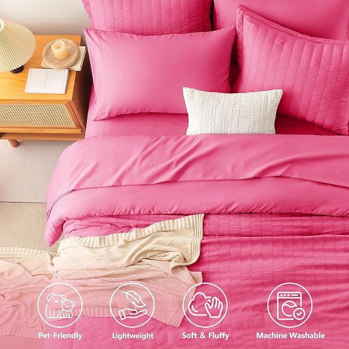 King Size Comforter Set, 7 Pieces Hot Pink Seersucker Bed in a Bag | OEKO-TEX Certified, All Season Bedding Set with 240 GSM Down Alternative Comforter, Flat & Fitted Sheets, Pillowcases & Shams