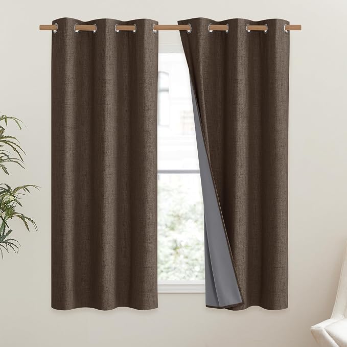 NICETOWN Coffee Vintage Linen 100% Blackout Curtains for Dining Room, Thermal Insulated Curtains 54" Long, Noise Reducing Window Treatment Drapes for Kitchen, 42" Wide Per Panel, Set of 2