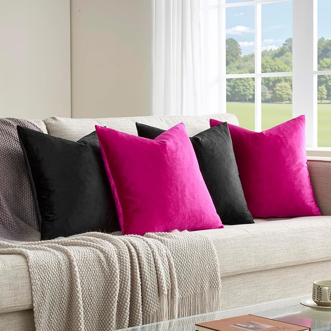 GIGIZAZA Pack of 4 Decorative Velvet Pillow Covers 18x18 Black Hot Pink | Throw Pillows for Couch Sofa,280gsm Soft Textured Fabric,Modern Accent Pillowcases,Luxury Living Room Cushion Covers