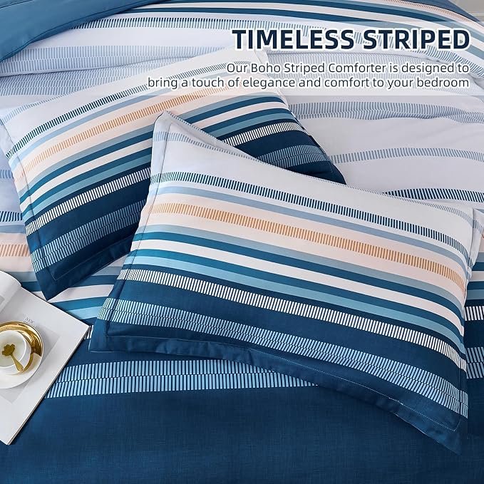 Dobuyly Blue King Size Comforter Set 7 Pieces, Boho Striped Bed in a Bag Soft Microfiber All Season Bedding Set with Comforter, Sheets, Pillowcases & Shams
