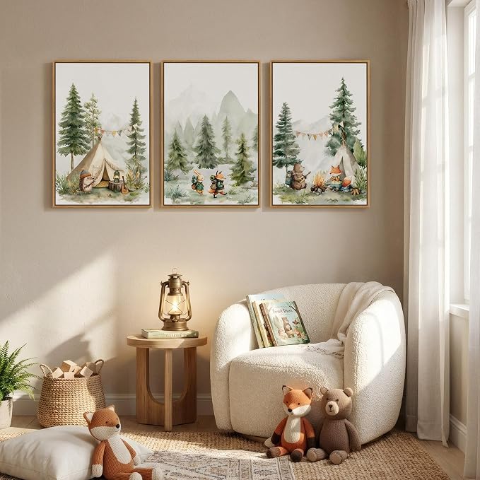 Framed Forest Animal Wall Art for Nursery, 3 Piece Nature Cute Whimsical Bear Fox Rabbit Canvas Painting Prints for Modern Farmhouse, Rustic Cabin Toddler Girl Artwork for Bedroom Kids Room, 16x24