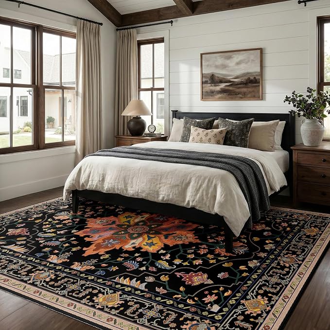 RELEANY Washable Area Rug, Large 9'x12', Black/Colorful | Non-Slip, Water Repellent, Pet Friendly, Easy to Clean, Vintage Floral Boho Decor for Living Room Bedroom Dining Room
